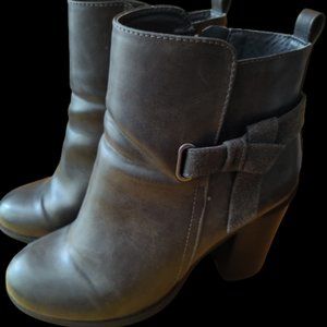 Brown three inch block heeled boots